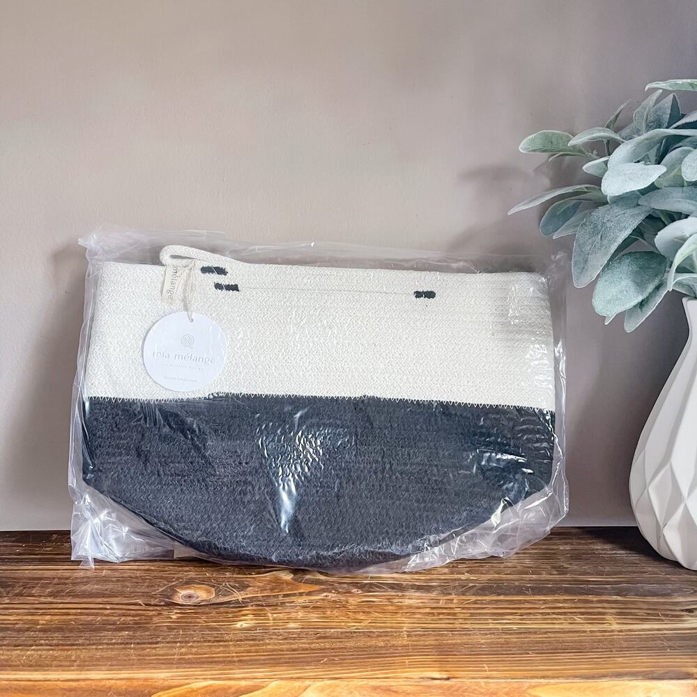 New Mia Melange Foldable Cotton Rope Basket Black Ivory 9"